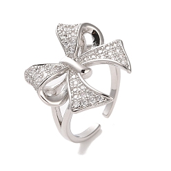 Платина Открытая манжета из латуни с микропаве из кубического циркония, без кадмия и без свинца, бантом, платина, внутренний диаметр: 17 мм