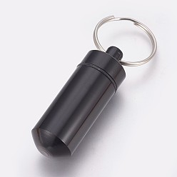Black Outdoor Portable Aluminium Alloy Small Pill Case, with Iron Key Ring, Black, 50.5x17mm