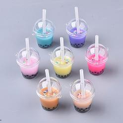 Mixed Color Openable Acrylic Bottle Big Pendants, with Resin, Polymer Clay Inside and Plastic Straw, Bubble Tea/Boba Milk Tea, Mixed Color, 64~74x43x37.5mm, Hole: 2.5mm