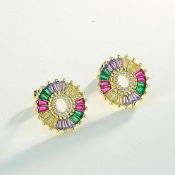 Letter O Серьги-гвоздики из латуни с разноцветными кубическими цирконами, плоско-круглые, золотые, Письмо O, 16x16 мм