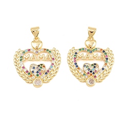Real 18K Gold Plated Brass Micro Pave Cubic Zirconia Pendants, Cadmium Free & Lead Free, Rack Plating, Long-Lasting Plated, Leaf with Word MAMA Charms, Mother's Day, Real 18K Gold Plated, 25.5x23x3mm, Hole: 3x5mm