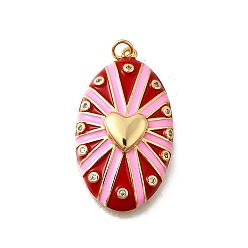 Pink Латунные микропаве прозрачные подвески с фианитом, без кадмия, без никеля и без свинца, подвески овал и сердце, с эмалью, реальный 18 k позолоченный, розовые, 37x21x7.5 мм, отверстие : 3.2 мм