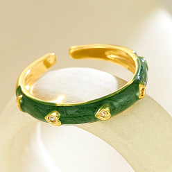 Vert Foncé Anneaux de manchette ouverts en strass en laiton, cœur, avec l'émail, or, vert foncé, 15~20mm