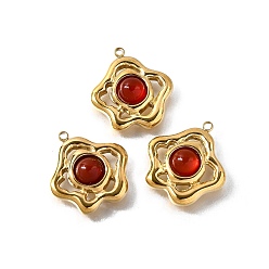 Красный Агат Природные сердолик подвески, 304 из нержавеющей стали цветок прелести, реальный 18 k позолоченный, окрашенная и подогревом, ионное покрытие (ip), 20x18.5x6 мм, отверстие : 1.4 мм