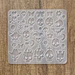 Белый DIY силиконовые формы кулон, формы для литья смолы, для уф-смолы, изготовление ювелирных изделий из эпоксидной смолы, череп, белые, 120x130x4.5 мм, отверстие : 1.8 мм, внутренний диаметр: 7~34x6.5~31 мм