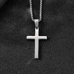 Нержавеющая Сталь Цвет 304 подвесные из нержавеющей стали ожерелья, с коробчатой цепью и подвесками для ручной полировки, крестик, цвет нержавеющей стали, 17.83 дюйм (45.3 см), corss: 32x20 мм