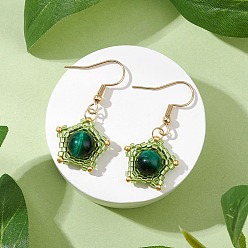 Зеленый Серьги-подвески из натурального тигрового глаза, с 304 крючками для сережек из нержавеющей стали и стеклянной бусиной, золотые, зелёные, 36x17.5 мм