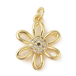Настоящее золото 18K Латунные микропаве прозрачные подвески с фианитом, с целью перехода в кольце, цветок, реальный 18 k позолоченный, 21x16x3 мм, отверстие : 3 мм