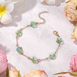 Весенне-зеленый Латунные кабельные цепи бусины браслеты для женщин, слива, с гальваническими стеклянными бусинами и 304 фурнитурой из нержавеющей стали, весенний зеленый, 7 дюйм (17.7 см)