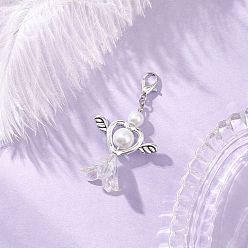 Белый Подвеска в виде цветка-сердца из искусственного акрилового жемчуга с крыльями из сплава, Сплав с застежками когтя омара, старинное серебро и платина, белые, 49 мм, подвески: 33.5x27.5x15.5 мм