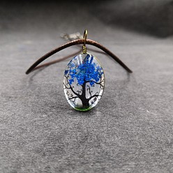 Королевский синий Овальный кулон в виде дерева из сушеных цветов с внутренней стеклянной вставкой из сплава и проволоки, на вощеном шнуре, для женщин., античная бронза, королевский синий, 17.72 дюйм (45 см)
