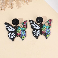 Разноцветный Акриловые болтаться серьги стержня, бабочка, платина, красочный, 50x45 мм
