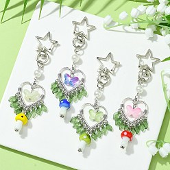 Mixed Color Mushroom Handmade Lampwork Pendant Decorations, Glass Butterfly and Heart/Star Alloy Swivel Lobster Clasps Charm, Mixed Color, 108mm
