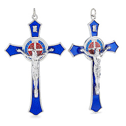 Azul Grandes colgantes de esmalte de aleación de zinc, cruz con Jesús, Platino, azul, 117.5x69.5x12.5 mm, agujero: 7.5 mm
