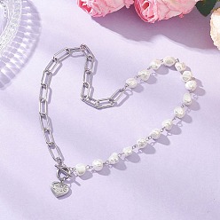 Нержавеющая Сталь Цвет 201 подвеска в форме сердца из нержавеющей стали, 304 цепочка из нержавеющей стали со скрепками и гальваническим покрытием из ракушечных жемчужин, цепочка из звеньев, белые, цвет нержавеющей стали, 18.90 дюйм (48 см)