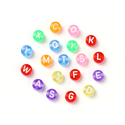 Mixed Color Transparent Mixed Color Acrylic Beads, Horizontal Hole, Mixed Letters, Flat Round with White Letter, 7x4mm, Hole: 1.5mm, 100pcs/Bag