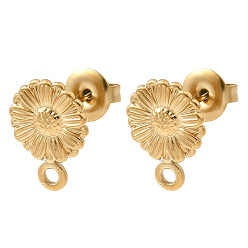 Настоящее золото 18K 304 Выводы серьги из нержавеющей стали шпилька, ионное покрытие (ip), цветок, с петлей, реальный 18 k позолоченный, 13x9.5 мм, отверстие : 1.6 мм, штифты : 11x0.8 мм
