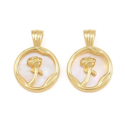 Real 16K Gold Plated Brass with White Shell Pendants, Flat Round with Flower Charms, Real 16K Gold Plated, 17x12x4mm, Hole: 3x2mm