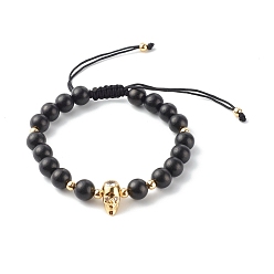 Golden Natural Wood Beads Nylon Thread Braided Bead Bracelets, with Brass Micro Pave Cubic Zirconia Beads, Skull, Golden, 3/8 inch(0.82cm), Inner Diameter: 2-1/8 inch(5.3~8.75cm)