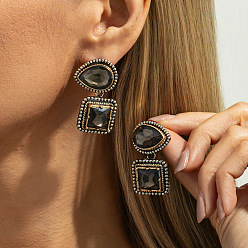 Квадрат Rhinestone сплава болтаться серьги, античное серебро, квадратный, 40x25 мм