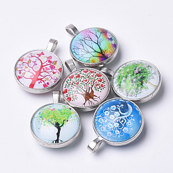 Mixed Color Glass Pendants, with Brass Findings, Flat Round, Tree of Life Theme, Platinum, Mixed Color, 36x27x14mm, Hole: 3.5x7mm
