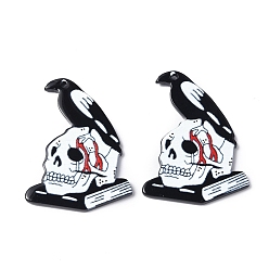 Black Printed Acrylic Pendants, Skull with Crow & Book Charm, Black, 40x31x2mm, Hole: 1.5mm