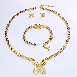 Золотой Женские браслеты, серьги-гвоздики и подвески из нержавеющей стали и латуни с микропаве из кубического циркония, бабочка, золотые, ожерелья: около 17.13 дюйма (43.5 см)