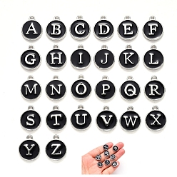 Black Initial Letter A~Z Alphabet Enamel Charms, Flat Round Disc Double Sided Charms, Platinum Plated Enamelled Sequins Alloy Charms, Black, 14x12x2mm, Hole: 1.5mm, 26pcs/set