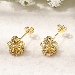 Настоящее золото 18K Серьги-гвоздики с короной из латуни с микропаве из прозрачных кубических цирконий для женщин, без кадмия и без свинца, долговечный, реальный 18 k позолоченный, 10.5x9 мм