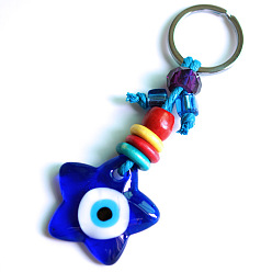 Star Lampwork Evil Eye Keychains, with Metal Rings, Star, 11cm