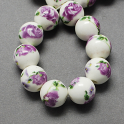 Orchid Handmade Printed Porcelain Beads, Round, Orchid, 12mm, Hole: 2mm