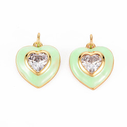 Honeydew Brass Enamel Pendants, with Clear Cubic Zirconia and Jump Ring, Nickel Free, Real 16K Gold Plated, Heart, Honeydew, 17.5x15.5x4.5mm, Hole: 3.5mm