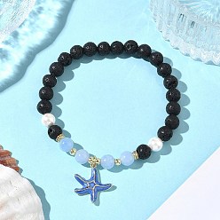 Лавовый камень Браслеты с подвесками в виде морских звезд из латуни и эмали, браслеты из круглых бусин из натуральной лавы для женщин, внутренний диаметр: 2 дюйм (5 см)