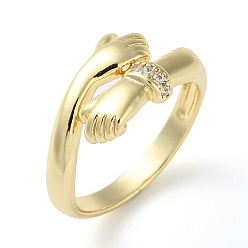 Golden Eco-Friendly Brass Micro Pave Clear Cubic Zirconia Open Ring , Hug Hands, Long-Lasting Plated, Lead Free & Cadmium Free, Golden, 3~11mm, Inner Diameter: 19mm