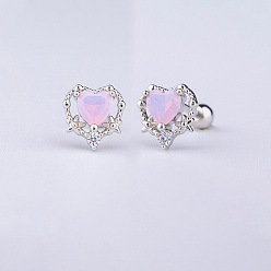 Сердце Серьги-гвоздики с розовыми кубическими цирконами из латуни, с 316 l хирургическими штифтами из нержавеющей стали, цвет нержавеющей стали, сердце, Длина стержня: 6мм, штифты : 0.8 мм