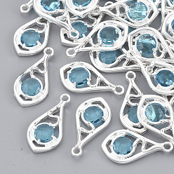 Deep Sky Blue Faceted Glass Pendants, with Eco-Friendly Alloy Open Back Settings, Nickel Free, Teardrop, Silver Color Plated, Deep Sky Blue, 21x11x3.5mm, Hole: 1.6mm