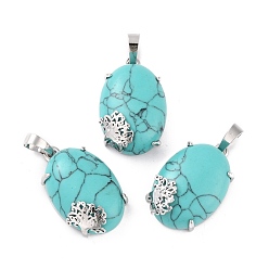 Synthetic Turquoise Synthetic Turquoise Pendants, with Platinum Tone Brass Findings, Cadmium Free & Lead Free, Oval with Tree, 28~29.5x18.5x9.5mm, Hole: 8x5mm