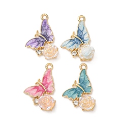 (52) Непрозрачная лаванда Подвески из эмали и сплава, смолой и горный хрусталь, бабочка с цветочными подвесками, золотые, разноцветные, 27~27.5x18.5~19.5x5.5~6 мм, отверстие : 2.5 мм