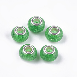 Зеленый лайм Потрескавшийся полимер европейский бисер, бусины с большим отверстием, с латунными сердечниками с серебряным покрытием, рондель, зеленый лайм, 13.5~14x8.5~9 мм, отверстие : 5 мм