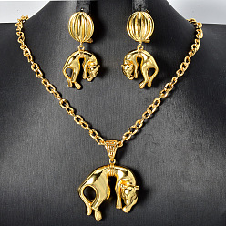 Настоящее золото 18K Комплекты из латунных серег-гвоздиков и ожерелий с подвесками для женщин, леопард, реальный 18 k позолоченный, ожерелья: 24.41 дюйм (62 см)