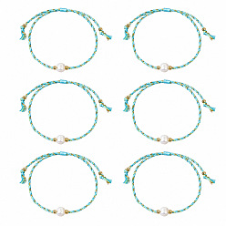 Turquoise Summer Natural Freshwater Pearl Round Beads Braided Cotton Cord Bracelet Sets for Women, Boho Adjustable Stackable Bracelets, Golden, Turquoise, 11.02 inch(28cm), 6pcs/set