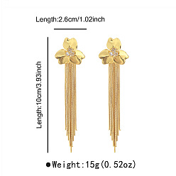 Golden Alloy Rhinestone Stud Dangle Earrings, Flower, Tassel Earrings, Golden, 100x26mm