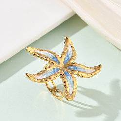 Синий 304 эмалированные открытые манжеты из нержавеющей стали для женщин, морская звезда, золотые, синие, 36x36 мм, размер США 6 (16.5 мм)