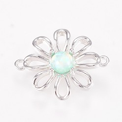 Весенне-зеленый Латунные соединители звеньев цветка, с синтетическими опальными тычинками, с покрытием платиным, весенний зеленый, 19x15.5x3.5 мм, отверстие : 1.2 мм