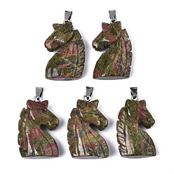 Унакит Резные подвески из натурального унакита, с дужками из нержавеющей стали, единорог, цвет нержавеющей стали, 38~41x11~14x24~25 мм, отверстие : 9x4 мм