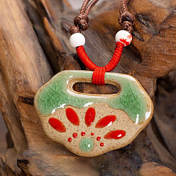 Lock Ретро этнический фарфоровый кулон регулируемые ожерелья из полиэстерового шнура для женщин, красные и светло-зеленые, запирать, 23.62 дюйм (60 см)