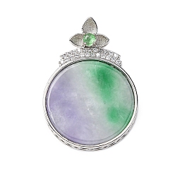 Сливовый Окрашенный натуральный бирманский нефрит цветы плоские круглые подвески, латунные прозрачные кубические циркониевые драгоценные камни подвески, платина, слива, 45.5 мм, подвески: 37.5x31x5.5 мм, отверстие : 6x3 мм