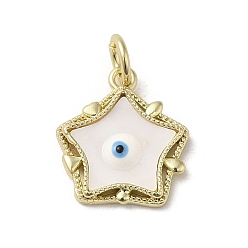 White Evil Eye Enamel Shell Pendants, Brass Star Charms with Jump Rings, Golden, White, 17x15x3.6mm, Hole: 3.7mm