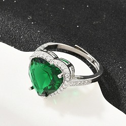 Green Heart Brass Micro Pave Cubic Zirconia Cuff Open Rings for Women, with Glass, Cadmium Free & Lead Free, Rack Plating, Platinum, Green, 18mm