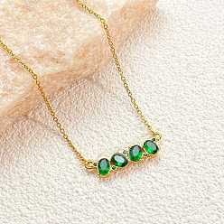Green Brass Rhinestone Oval Pendant 304 Stainless Steel Cable Chain Necklaces for Women, Golden, Green, 17.72 inch(45cm)